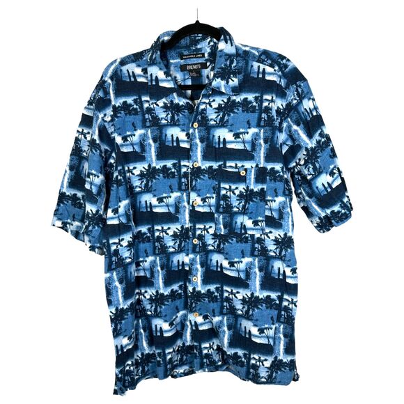 Bruno Washable Linen Blend Blue Tropical Hawaiian Short Sleeve Shirt Large - Picture 1 of 5